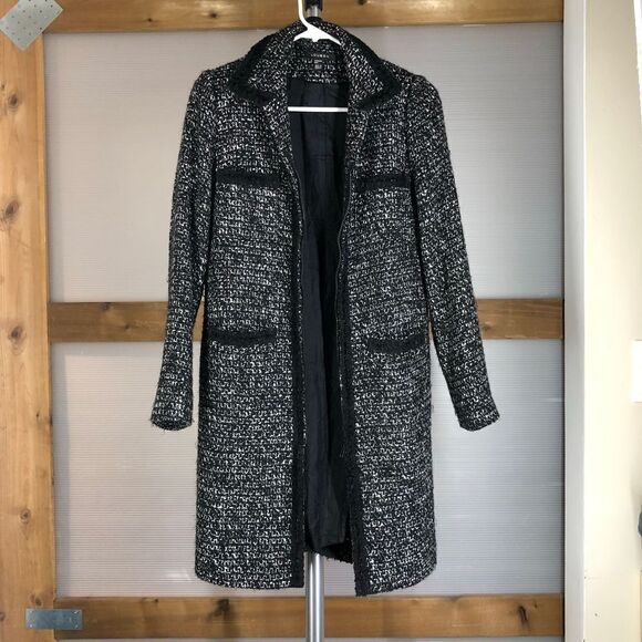 LOUBEN Wool Blend‎ Glitter Lace Detail Black White Long Tweed Coat Sz 4 - Picture 5 of 10